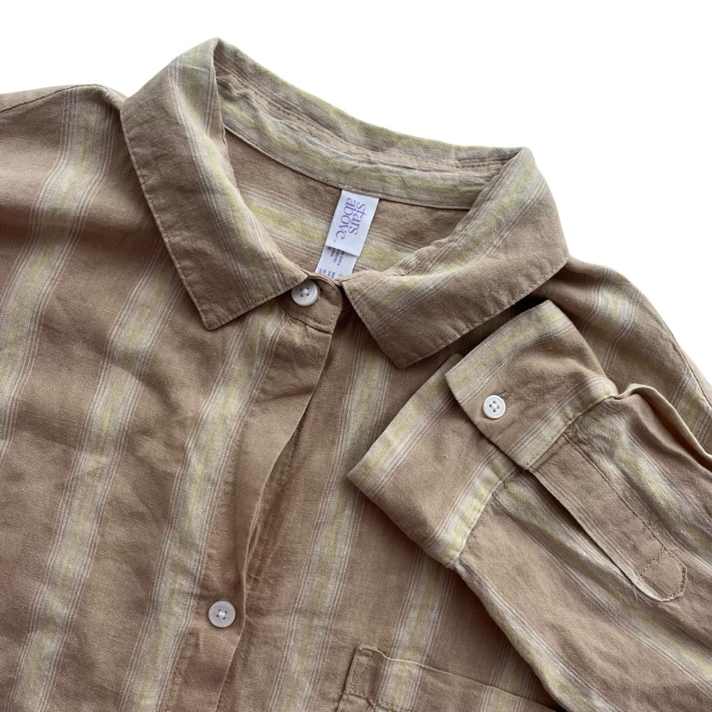 Stars Above Womens M Tan Yellow Stripe Linen Bl Button Front Collar Blouse Tunic